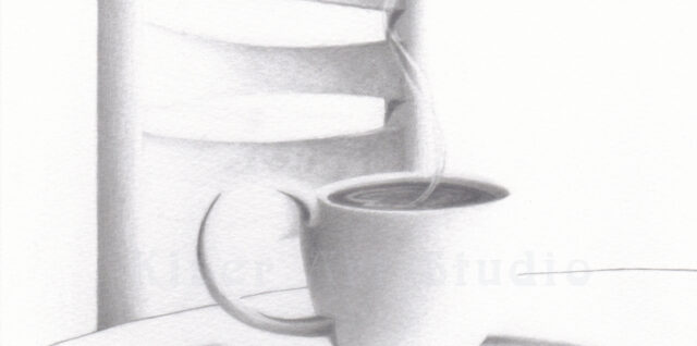 Graphite Drawing of coffee cup with steam rising and spoon called Curve of a Line by Marty Kiser at www.kiserart.com