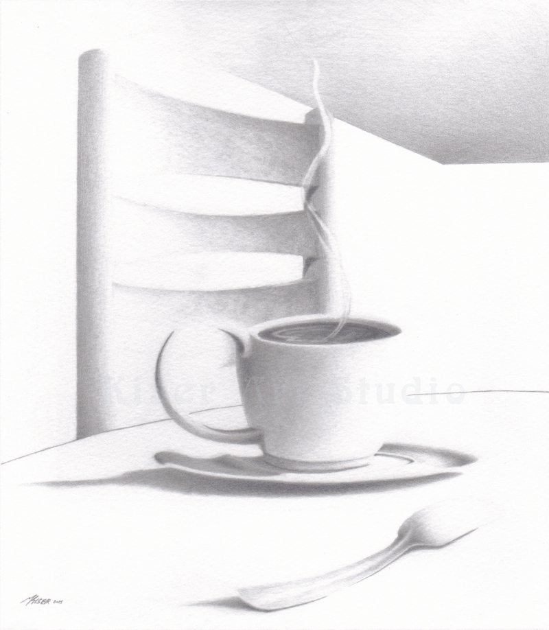 Graphite Drawing of coffee cup with steam rising and spoon called Curve of a Line by Marty Kiser at www.kiserart.com
